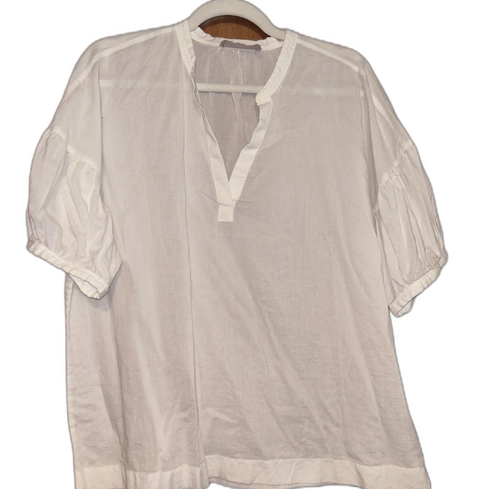 Everlane Sheer White Split-Neck Cotton Peasant Blouse